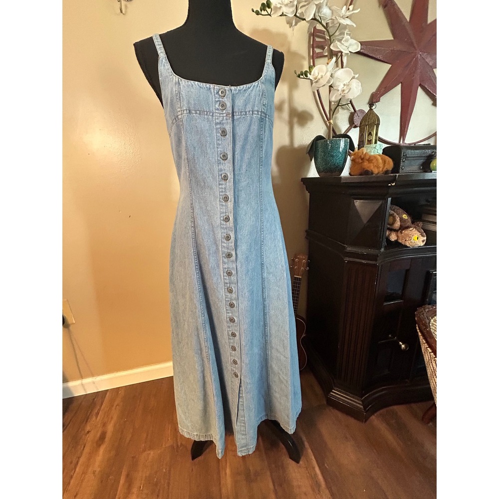 Vintage True Blue Denim Maxi Dress Light Wash Button Front Lace Up Back 5/6